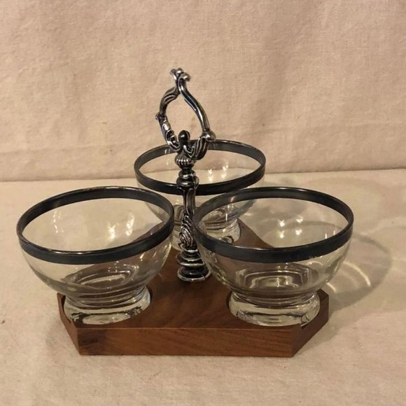 Vintage Distinguished Gifts MCM Silver Rimmed Glass/Wood Condiment Caddy Holder - Picture 3 of 10